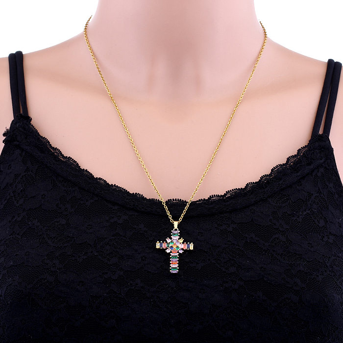 Fashion Cross Stainless Steel Copper Plating Inlay Zircon Pendant Necklace 1 Piece