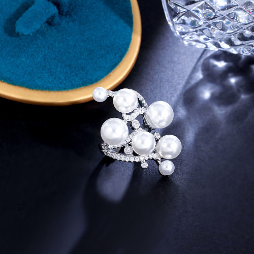 Simple Style Solid Color Copper Plating Inlay Artificial Gemstones Artificial Pearls White Gold Plated Rhodium Plated Open Rings