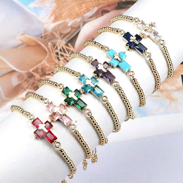 Elegant Simple Style Cross Copper Beaded Plating Inlay Zircon Gold Plated Bracelets