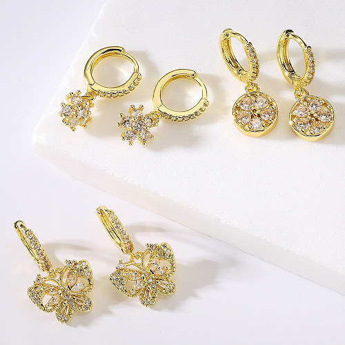 Boucles d'oreilles pendantes en Zircon, 1 paire, fleur, papillon, incrustation de cuivre, à la mode