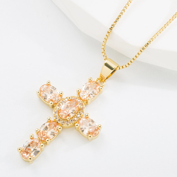 Fashion Cross Copper Plating Inlay Zircon Pendant Necklace 1 Piece
