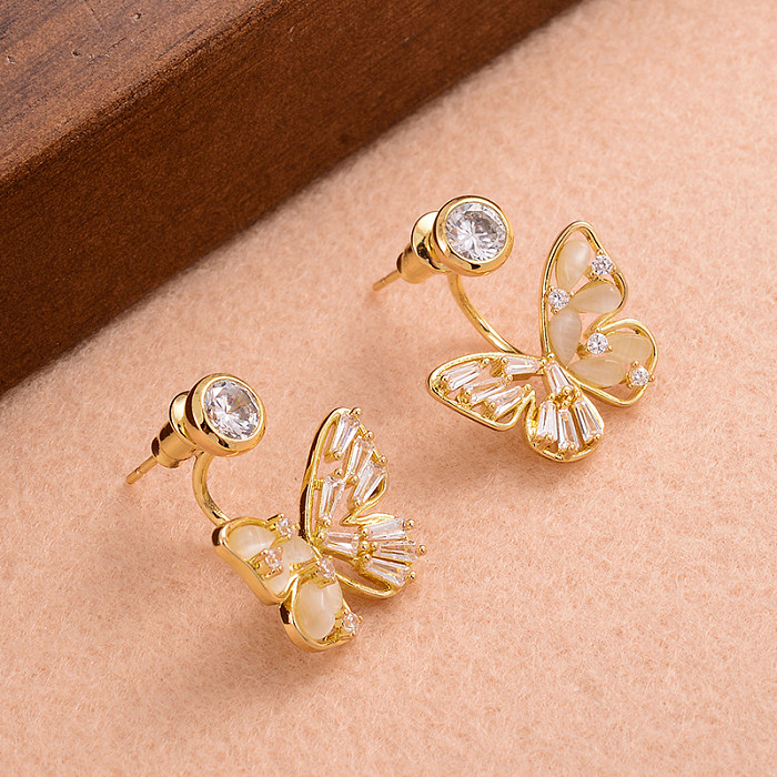 1 Pair IG Style Sweet Butterfly Plating Inlay Copper Opal Zircon 14K Gold Plated Earrings