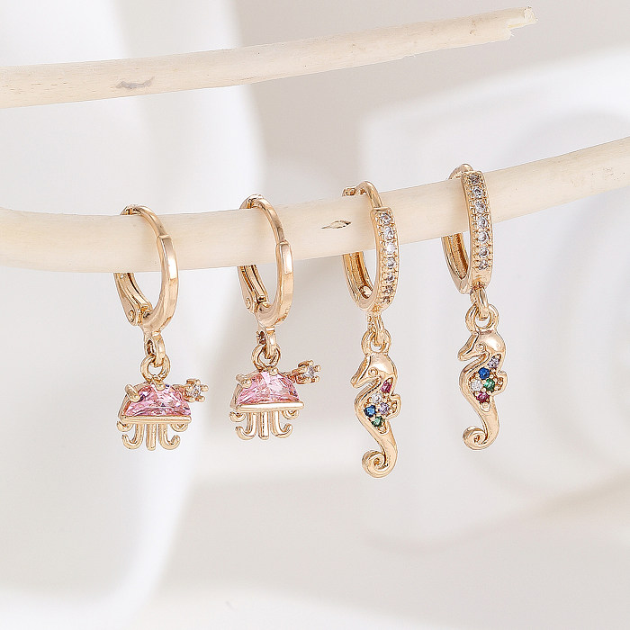 2 Pairs Simple Style Hippocampus Plating Inlay Copper Zircon Gold Plated Drop Earrings