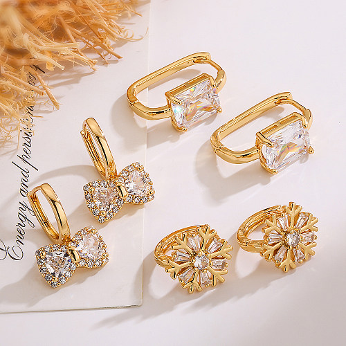 1 Pair Simple Style Commute Bow Knot Rectangle Snowflake Plating Inlay Copper Zircon 18K Gold Plated Earrings