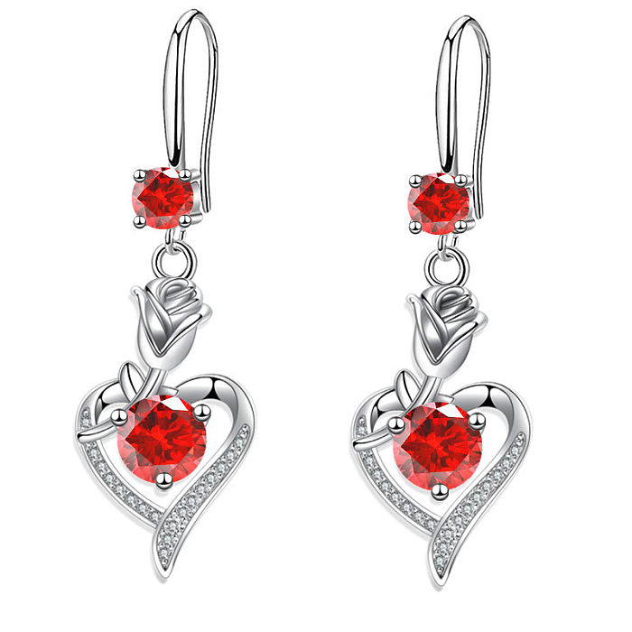 1 Pair Romantic Heart Shape Rose Copper Inlay Zircon Drop Earrings