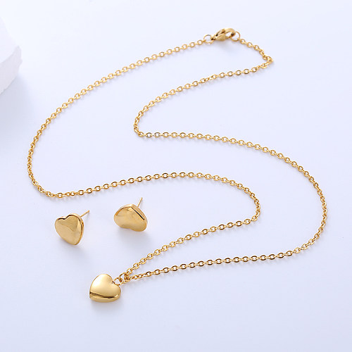 Estilo simples formato de coração polimento de aço inoxidável 18K banhado a ouro brincos colar conjunto de joias