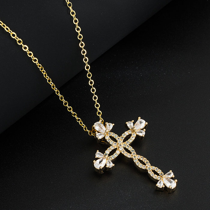 Fashion Cross Copper Pendant Necklace Inlay Zircon Copper Necklaces