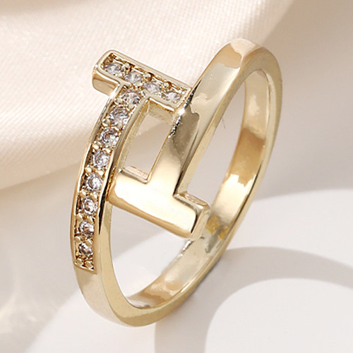 Elegant Streetwear Geometric Copper Inlay Zircon Open Rings