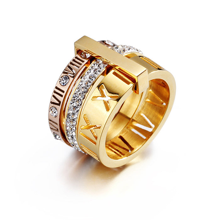 Anel de moda de duas cores com letras romanas cravejado de diamantes, joias por atacado