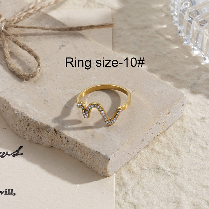 Lässige Streetwear-Ringe mit geometrischen Wellen, Herzform, Edelstahl, 18 Karat vergoldet, mit Strasssteinen, in großen Mengen