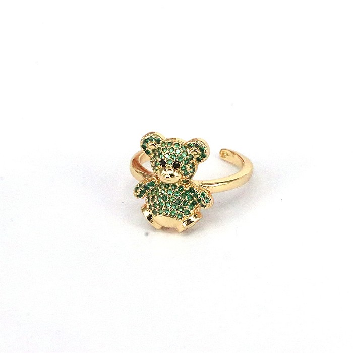 IG Style Cute Bear Copper Plating Inlay Zircon Gold Plated Open Rings