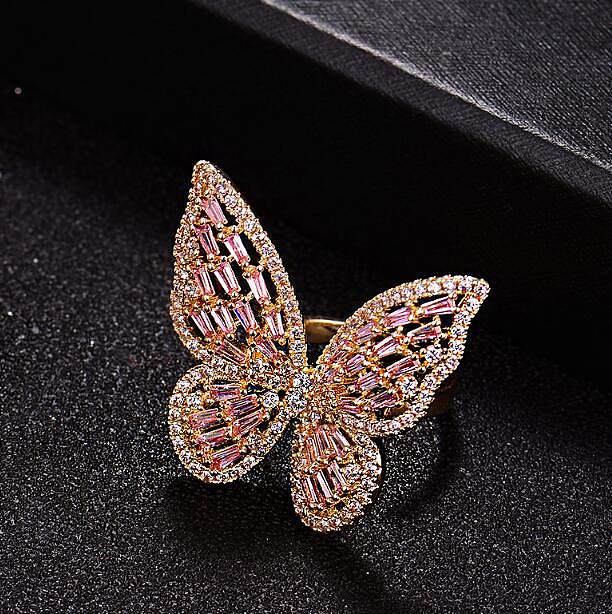 Elegante mariposa chapado en cobre con incrustaciones de circón chapado en oro rosa chapado en oro blanco chapado en oro anillo abierto