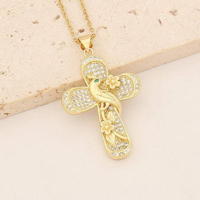 Retro Classic Style Cross Round Flower Stainless Steel Copper Zircon Pendant Necklace In Bulk