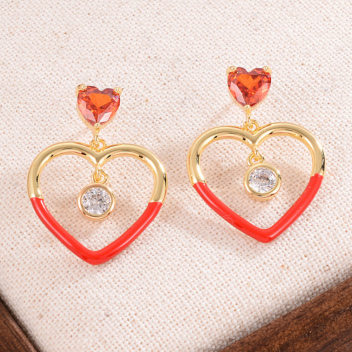 1 par elegante forma de coração chapeamento incrustação de cobre zircão brincos banhados a ouro 14K