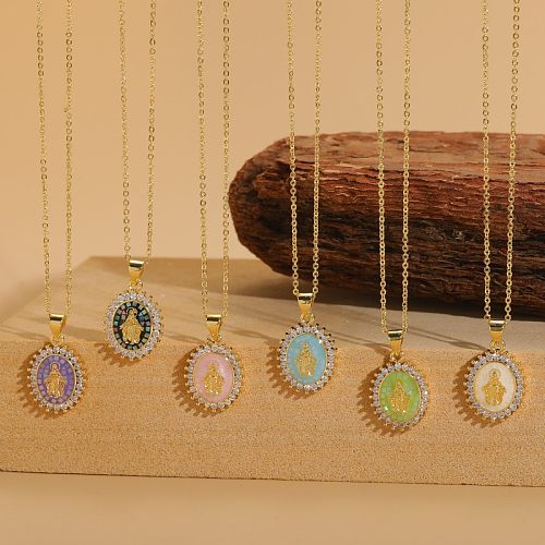 Simple Style Commute Human Oval Brass Epoxy Plating Inlay Zircon 14K Gold Plated Pendant Necklace