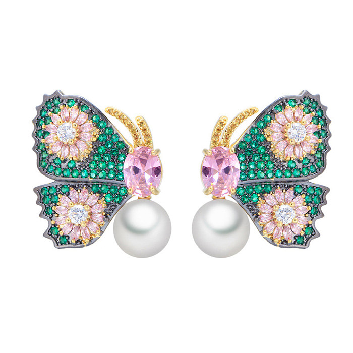 1 Pair Glam Shiny Butterfly Plating Inlay Imitation Pearl Copper Zircon 18K Gold Plated Gold Plated Rhodium Plated Ear Studs