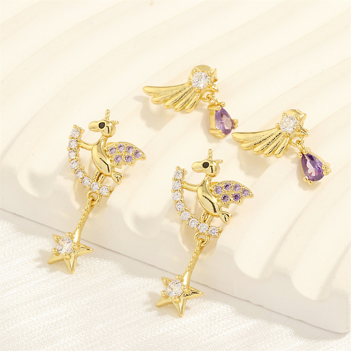 1 Paar elegante, schlichte Streetwear-Ohrringe mit Pentagramm-Einhorn-Flügeln, Überzug, Kupfer-Zirkon, 18 Karat vergoldet