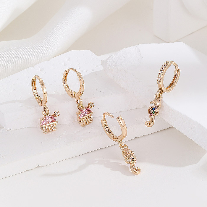 2 Pairs Simple Style Hippocampus Plating Inlay Copper Zircon Gold Plated Drop Earrings