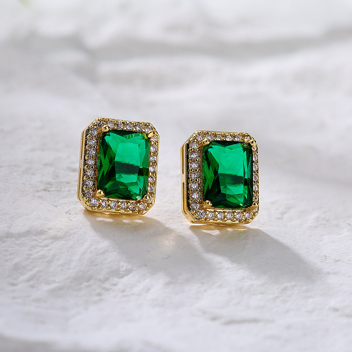 New Style Copper Plating 18K Gold Micro Inlaid Zircon Emerald Geometric Stud Earrings