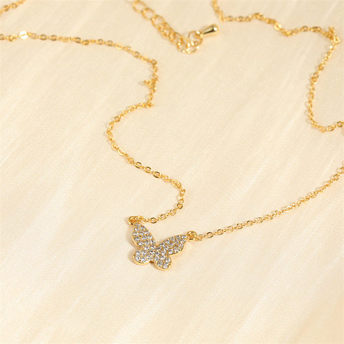 Casual Sweet Simple Style Butterfly Copper Plating Inlay Zircon 18K Gold Plated Pendant Necklace