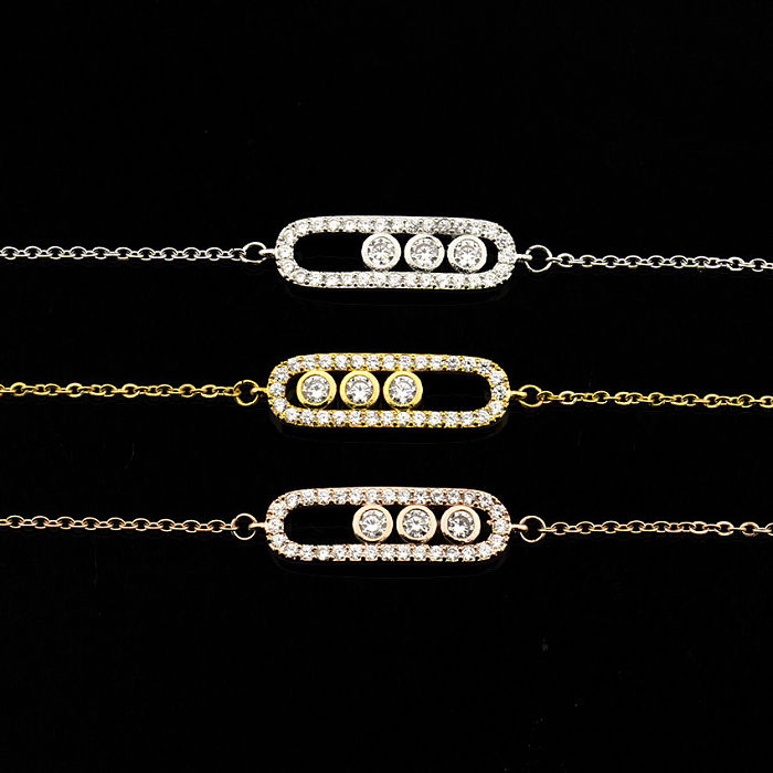 Pulsera de oro rosa con forma geométrica, pulsera de acero inoxidable con tres diamantes brillantes