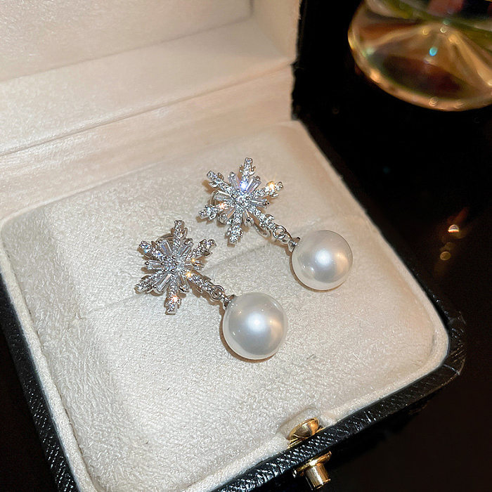 Elegant Snowflake Copper Inlay Pearl Zircon Drop Earrings 1 Pair