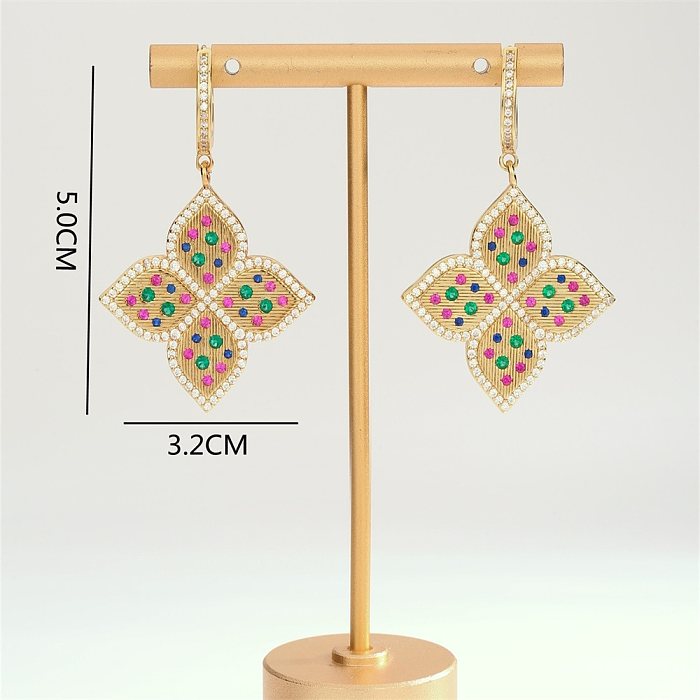 1 Pair Glam Four Leaf Clover Copper Inlay Zircon Drop Earrings