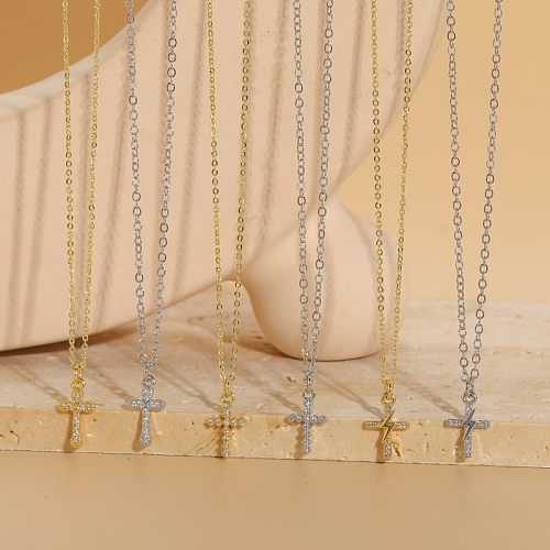 Elegant Cross Copper Plating Inlay Zircon 14K Gold Plated Necklace
