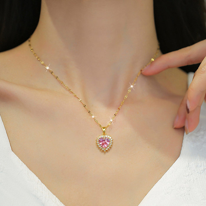Simple Style Shiny Heart Shape Titanium Steel Copper Plating Inlay Zircon Earrings Necklace