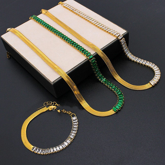 Colar de pulseiras de zircão com incrustações geométricas retrô de aço inoxidável