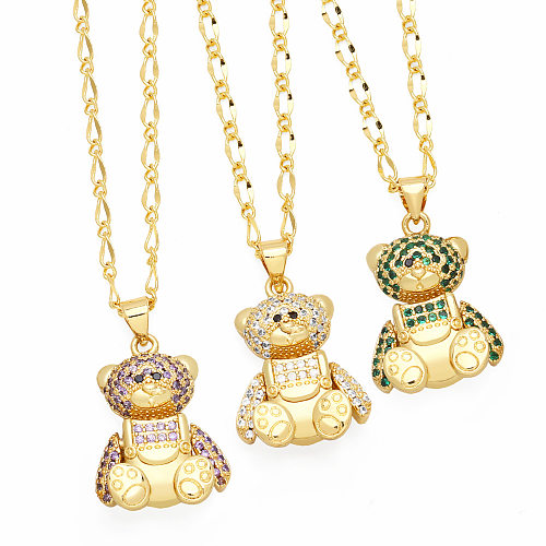 Süße kleine Bären-Halskette im klassischen Stil mit Kupferbeschichtung und Zirkon-Inlay, 18 Karat vergoldet