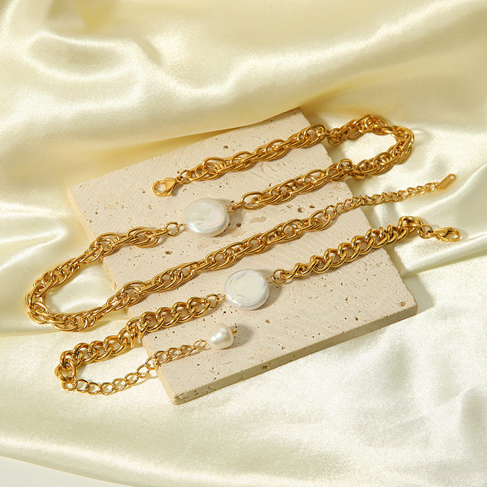 Collier de bracelets plaqué or 18 carats avec perles d'eau douce rondes en acier inoxydable pour dame élégante