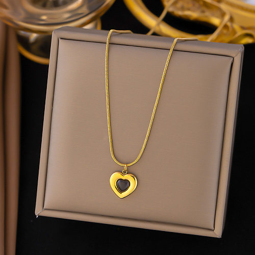 Elegante formato de coração titânio chapeamento de aço incrustação obsidiana colar de brincos banhado a ouro 18K