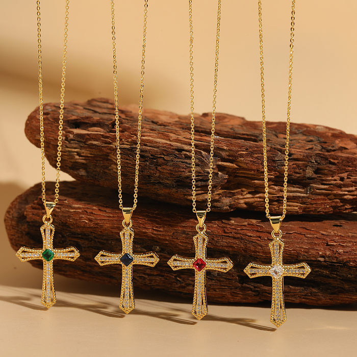 Elegant Luxurious Classic Style Cross Copper 14K Gold Plated Zircon Pendant Necklace In Bulk