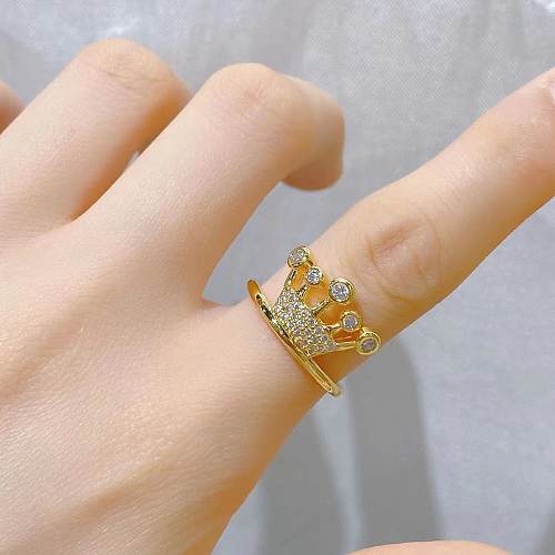 Simple Style Geometric Crown Copper Plating Inlay Artificial Pearls Zircon Open Ring