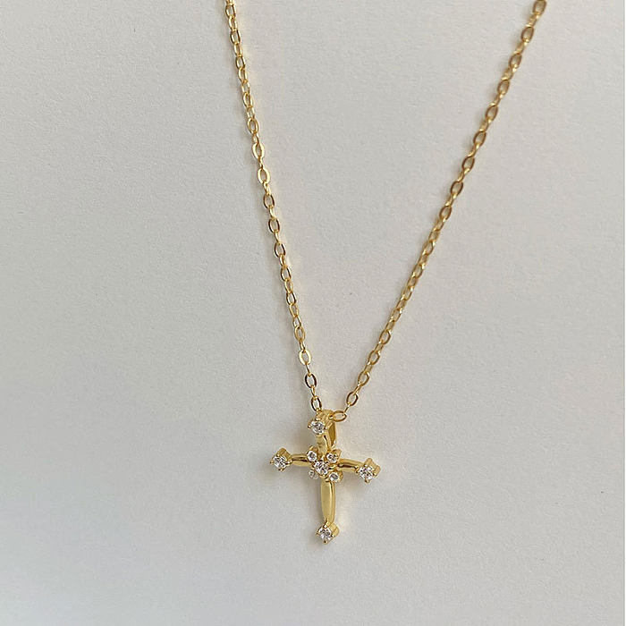 Simple Style Cross Titanium Steel Copper Inlay Zircon Pendant Necklace