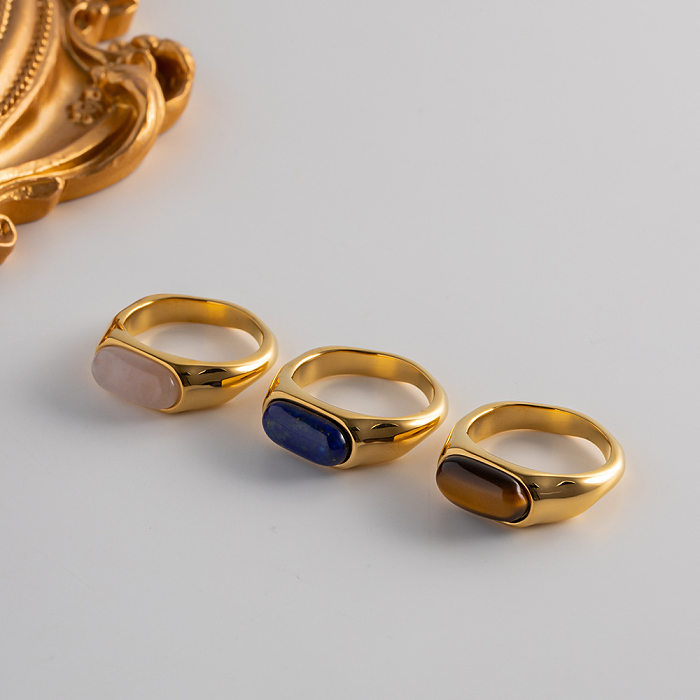 Anillos de gemas con incrustaciones de acero inoxidable ovalados a la moda, 1 pieza