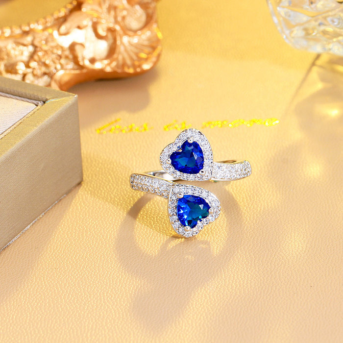 IG Style Elegant Asymmetrical Heart Shape Copper Plating Inlay Artificial Gemstones 14K Gold Plated White Gold Plated Rhodium Plated Open Rings
