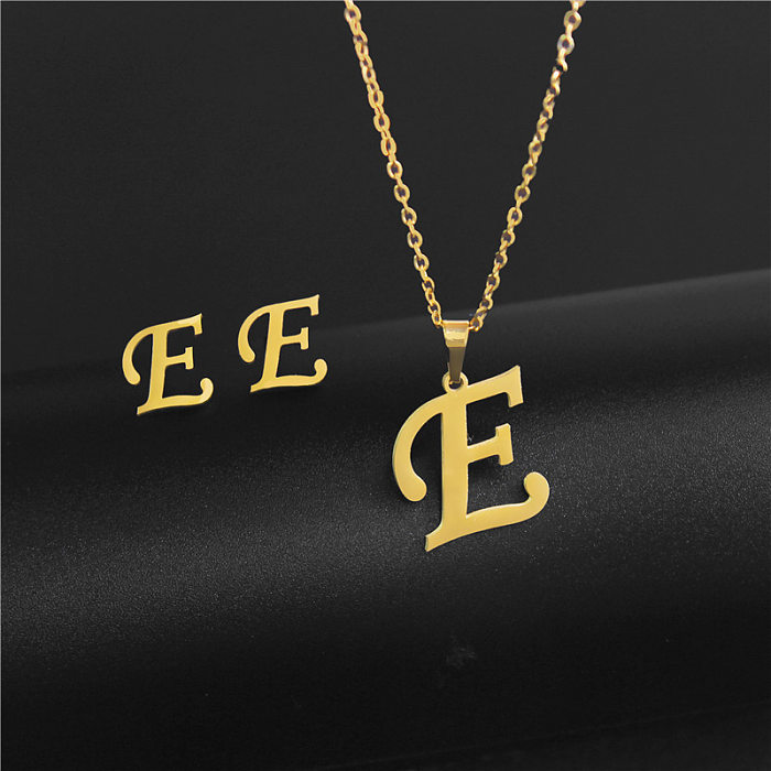 Fashion Ftainless Steel 26 Letters Necklace Earrings Simple Two-piece