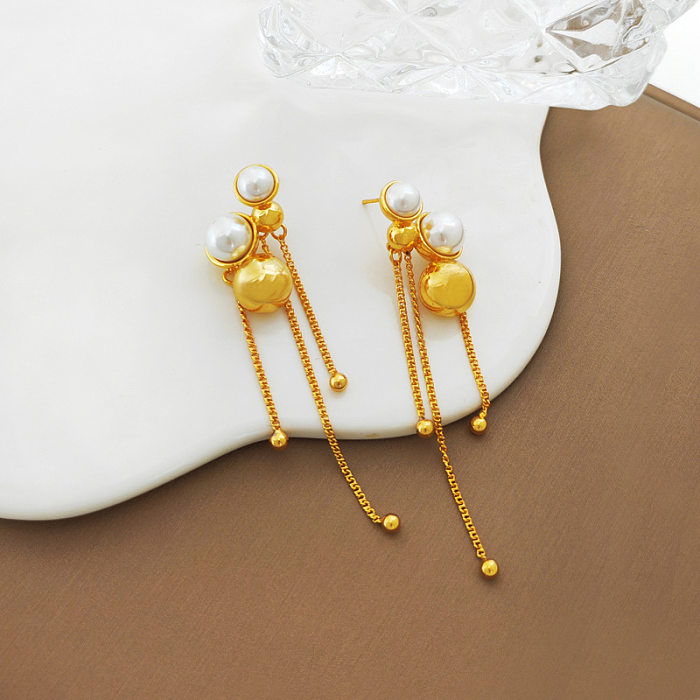 1 paire de boucles d'oreilles pendantes en perles artificielles plaquées cuivre géométriques à la mode