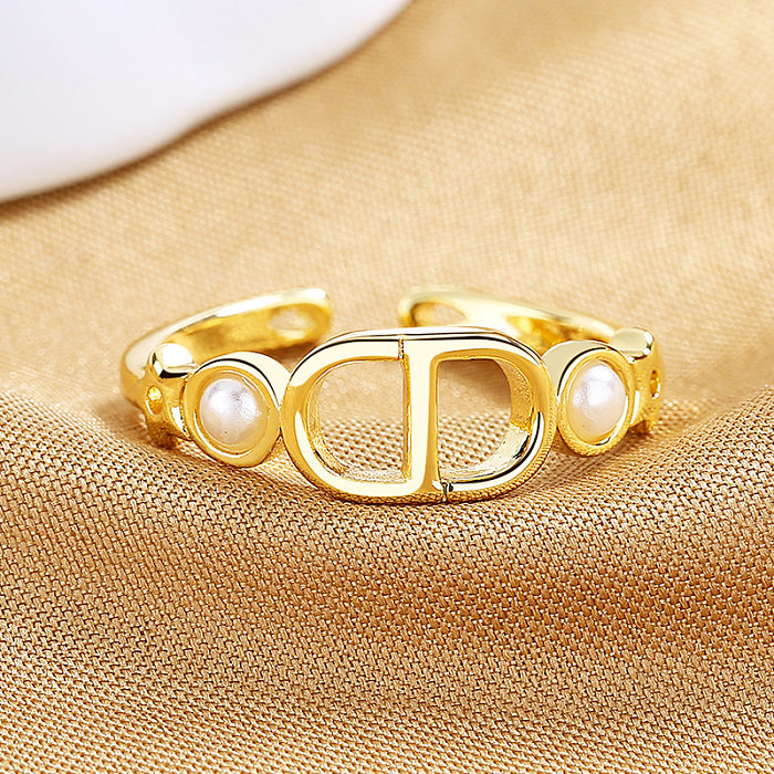 1 Piece Simple Style Solid Color Copper Inlay Pearl Open Ring