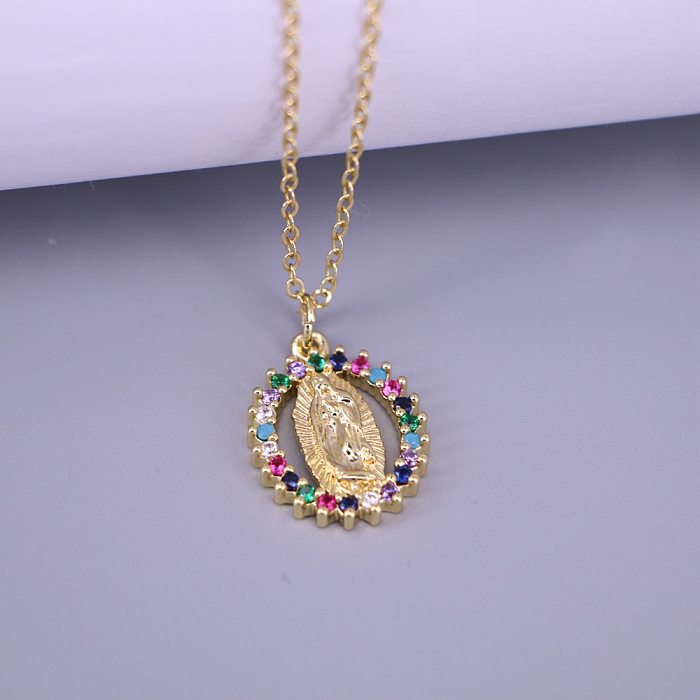 Creative Accessories Hollow Inlaid Rhinestone Virgin Mary Oval Pendant Necklace