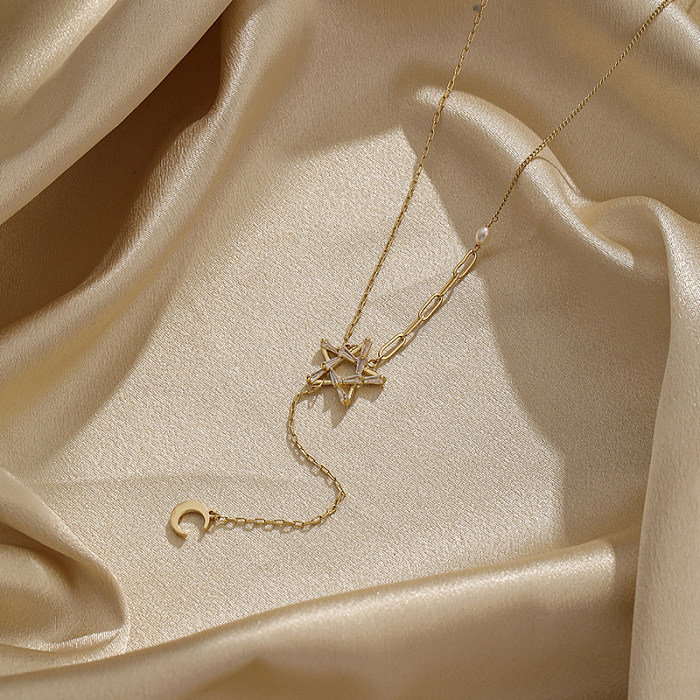 Elegant Lady Pentagram Copper Plating Inlay Zircon 18K Gold Plated Pendant Necklace