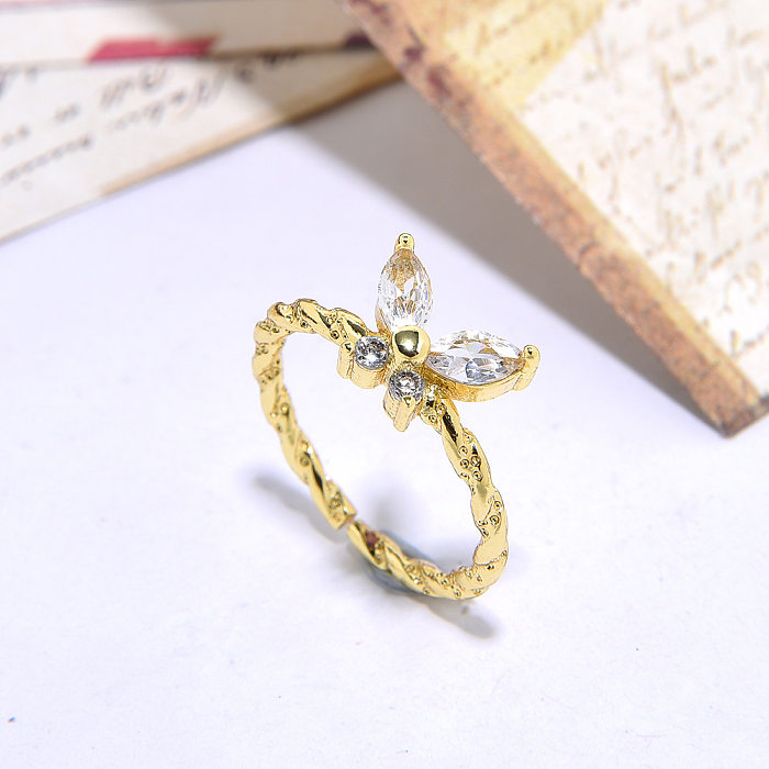 Sweet Insect Bow Knot Copper Plating Inlay Zircon Open Ring
