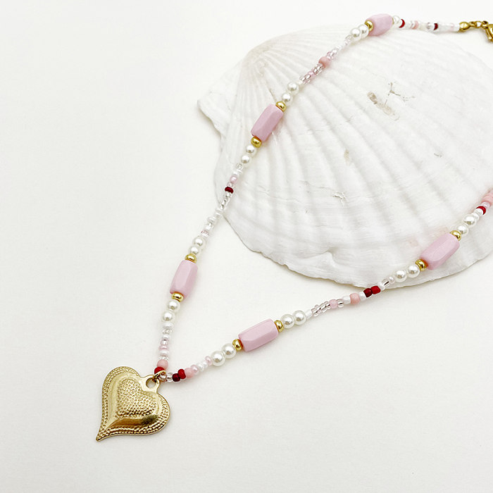 Lindo dulce forma de corazón de acero inoxidable perla de imitación piedra Natural con cuentas chapado en oro pulseras collar