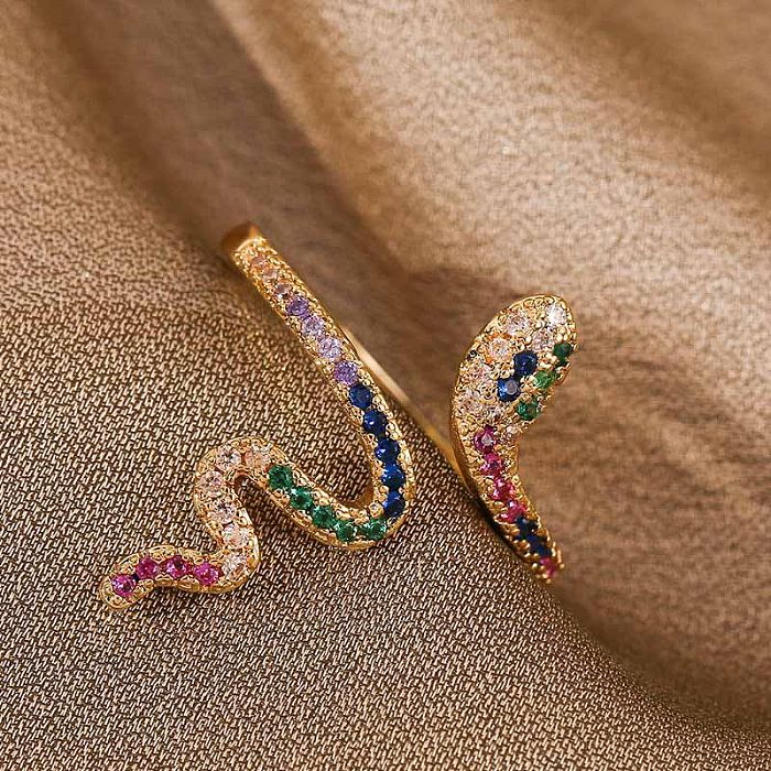 Anillo abierto de circonio con incrustaciones de cobre electrochapado en oro real de serpiente del zodiaco de moda