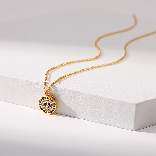 Collier pendentif rond en cuivre plaqué or avec strass, Style Simple, en vrac