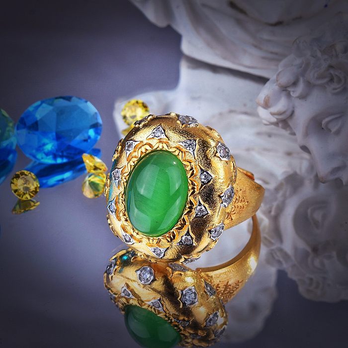 Anel aberto retro oval de cobre com pedras preciosas artificiais opala 1 peça