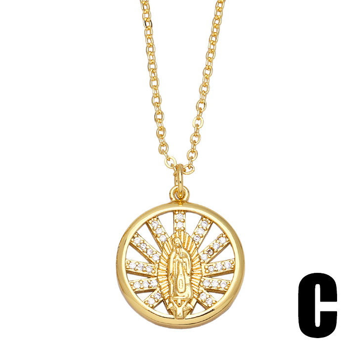 Collar de cadena de clavícula de la Virgen María con tarjeta redonda hueca geométrica de diamantes
