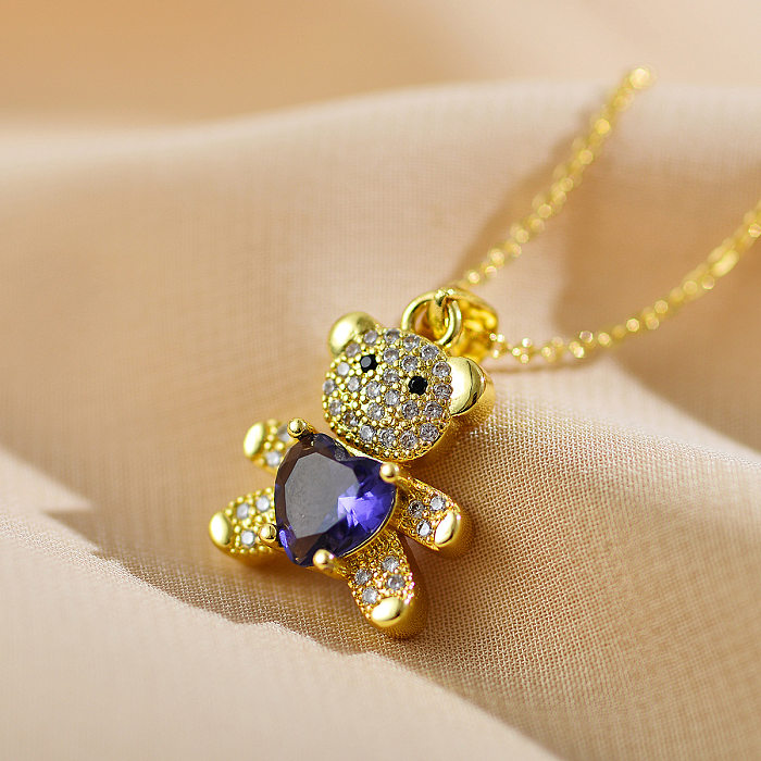 Elegant Shiny Little Bear Heart Shape Copper Inlay Zircon Gold Plated Pendant Necklace